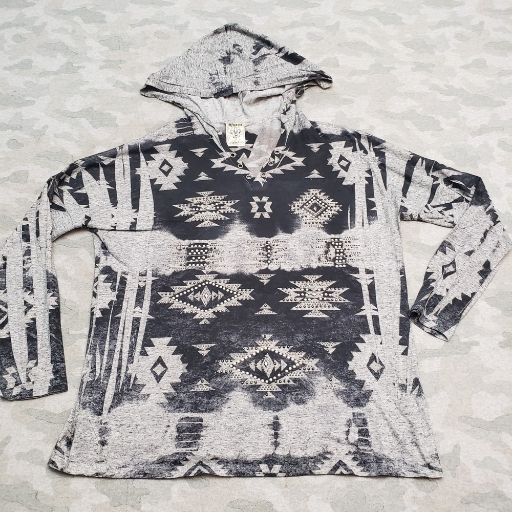 Vocal Top Womens XL Gray Hoodie Lightweight Aztec Pullover Long Sleeve